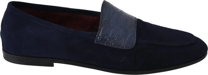 Blue Suede Caiman Loafers Slippers Men's Shoes