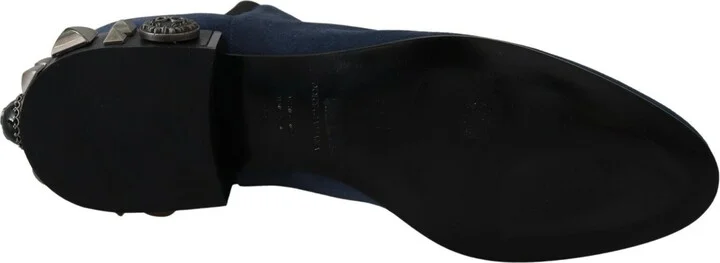 Blue Suede Embellished Studded Boots Women's Shoes - Image 3