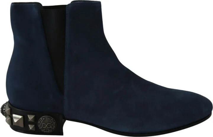 Blue Suede Embellished Studded Boots Women's Shoes