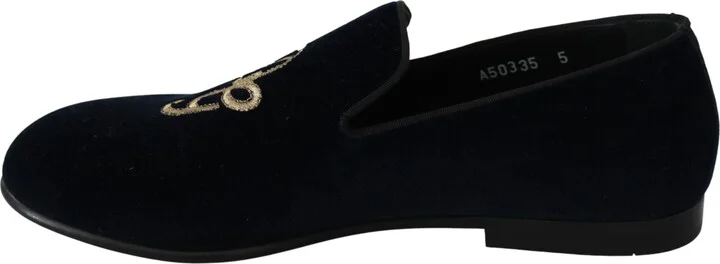 Blue Velvet Gold Logo Slipper Loafers Men's Shoes - Image 3