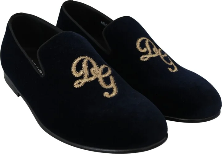 Blue Velvet Gold Logo Slipper Loafers Men's Shoes - Image 5