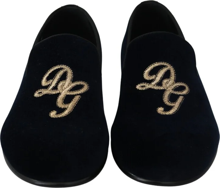 Blue Velvet Gold Logo Slipper Loafers Men's Shoes - Image 6