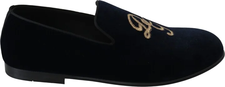 Blue Velvet Gold Logo Slipper Loafers Men's Shoes