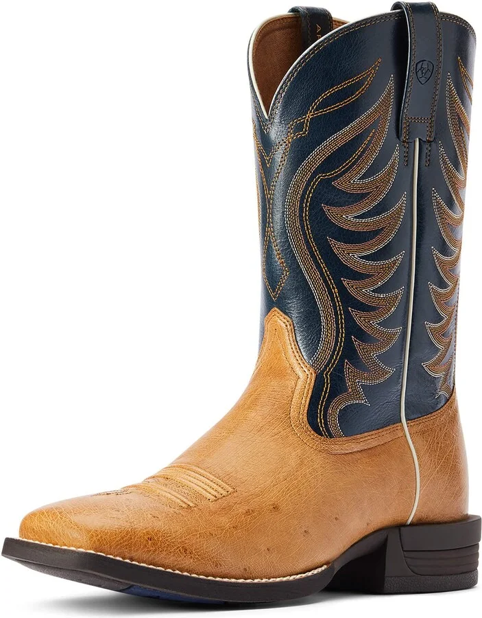BMVY9 Mens Reckoning Western Boot Antique Saddle Sq Ostrich/Georgian Bay 11 Wide