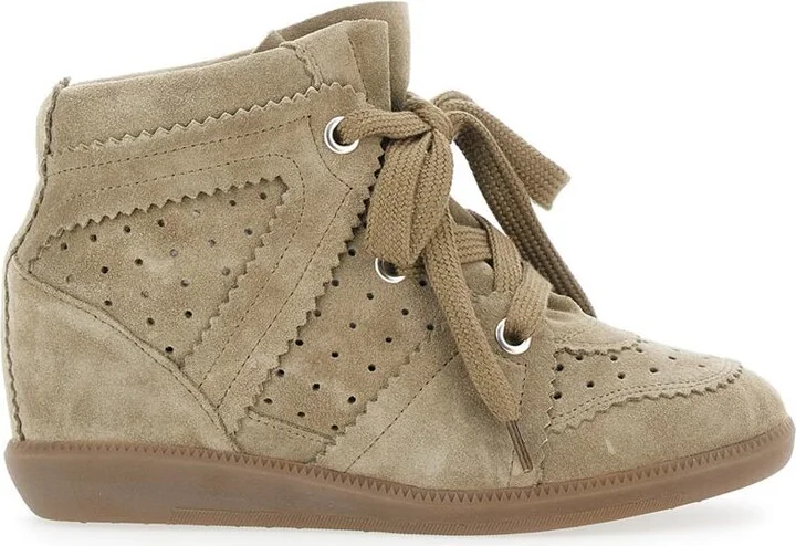 'Bobby' Beige Sneakers With Perforated Details And Fornt Lace-Up Closure In Leather Woman