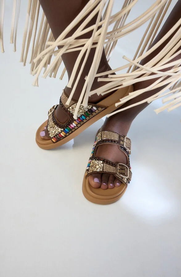 Bohochic Beaded Metallic Two-Strap Sandal - Image 7