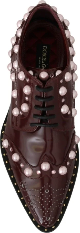 Bordeaux Leather Crystal Pearls Formal Women's Shoes - Image 2