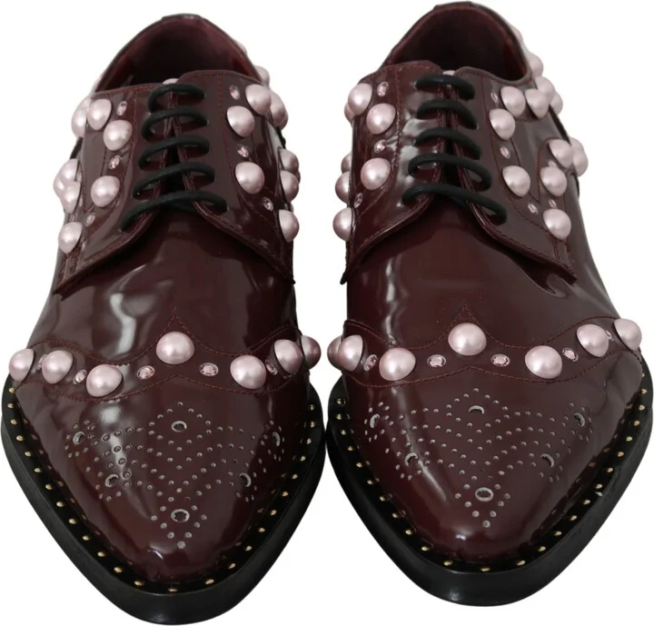 Bordeaux Leather Crystal Pearls Formal Women's Shoes - Image 3