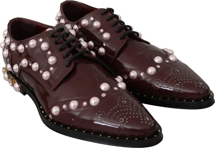 Bordeaux Leather Crystal Pearls Formal Women's Shoes - Image 4