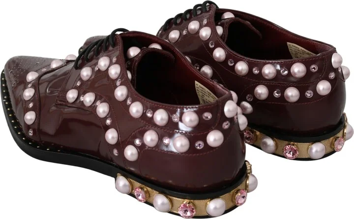 Bordeaux Leather Crystal Pearls Formal Women's Shoes - Image 5