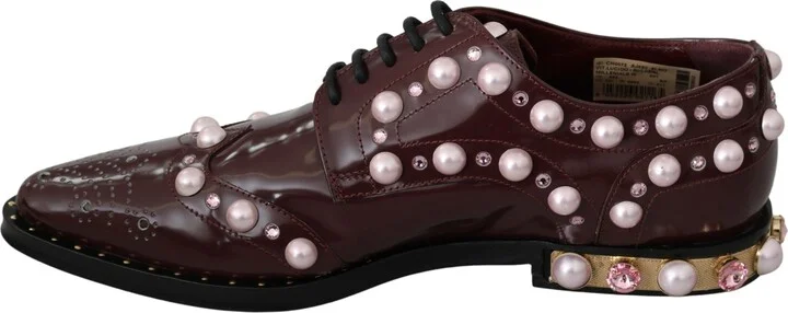 Bordeaux Leather Crystal Pearls Formal Women's Shoes - Image 6