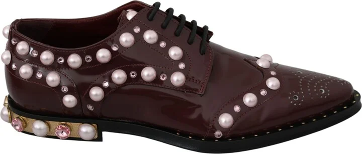 Bordeaux Leather Crystal Pearls Formal Women's Shoes
