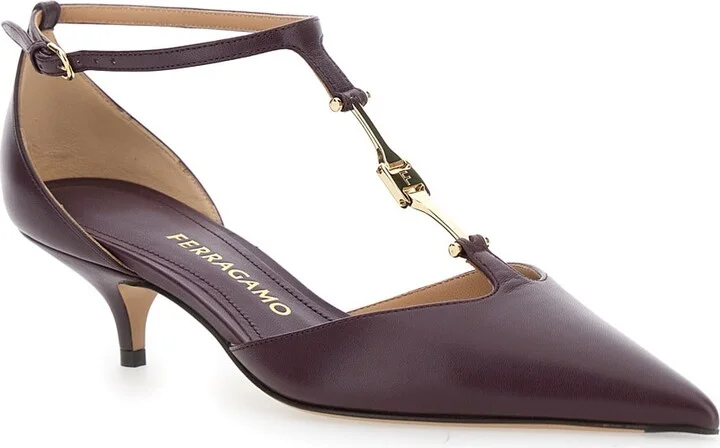 Bordeaux Pumps With T Strap And Low Heel In Leather Woman - Image 2