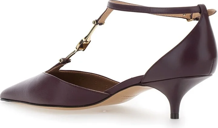 Bordeaux Pumps With T Strap And Low Heel In Leather Woman - Image 3