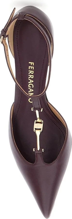 Bordeaux Pumps With T Strap And Low Heel In Leather Woman - Image 4