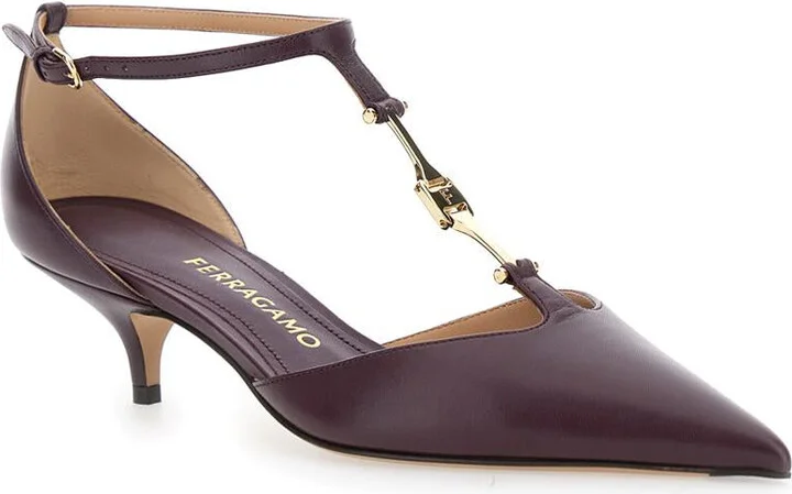 Bordeaux Pumps With T Strap And Low Heel In Leather Woman - Image 2