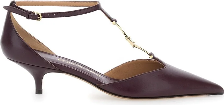 Bordeaux Pumps With T Strap And Low Heel In Leather Woman