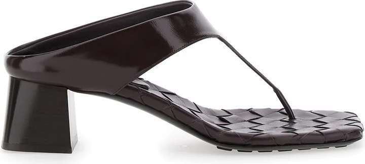Bordeaux Thong Sandals With Kitten Heel And Sole With Intrecciato Motif In Leather Woman