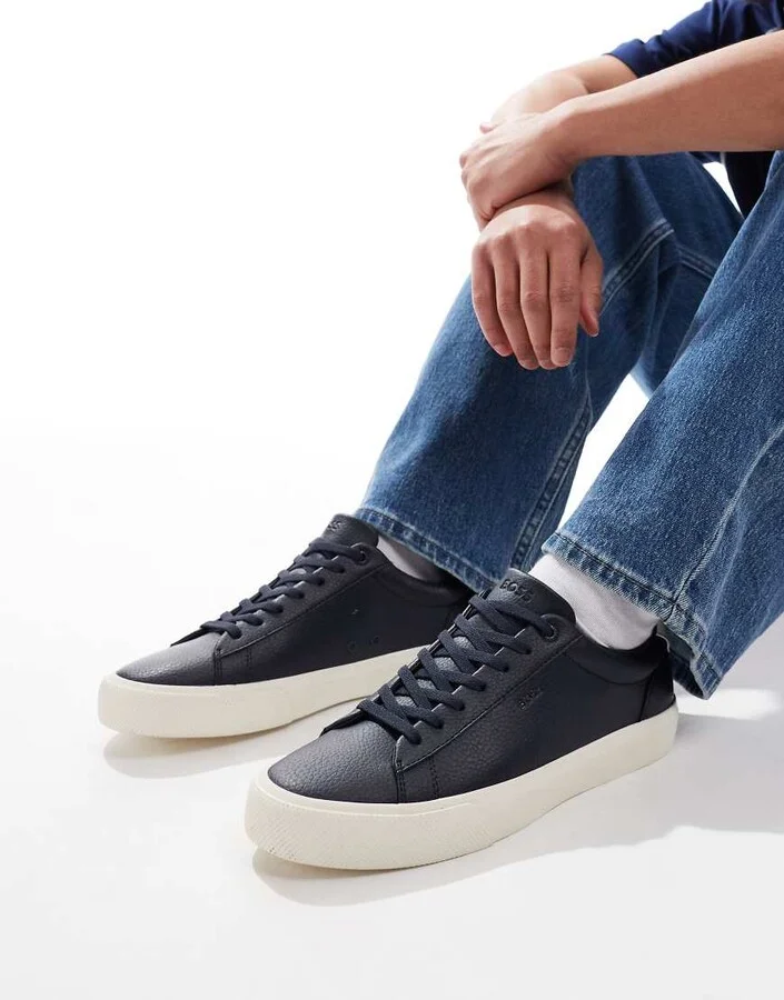 BOSS Aiden logo contrast heel leather sneakers in navy - Image 3