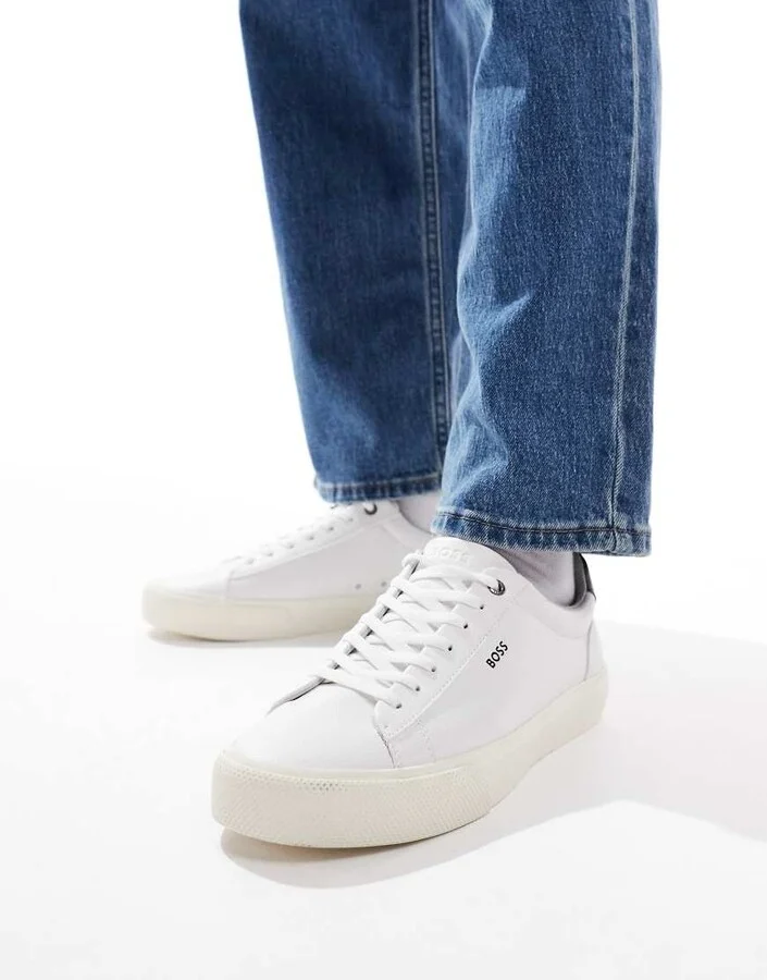 BOSS Aiden logo contrast heel leather sneakers in white - Image 3