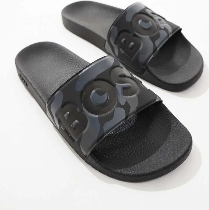 BOSS Aryeh logo camo print pool slides in gray/black - Image 2