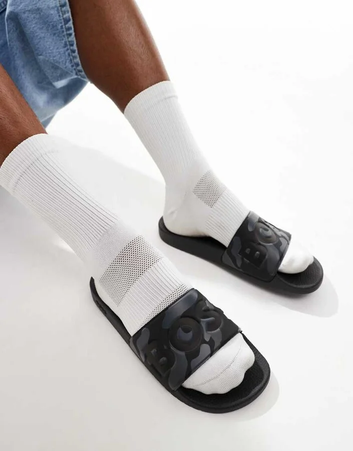 BOSS Aryeh logo camo print pool slides in gray/black - Image 4