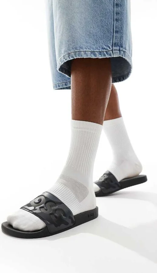 BOSS Aryeh logo camo print pool slides in gray/black