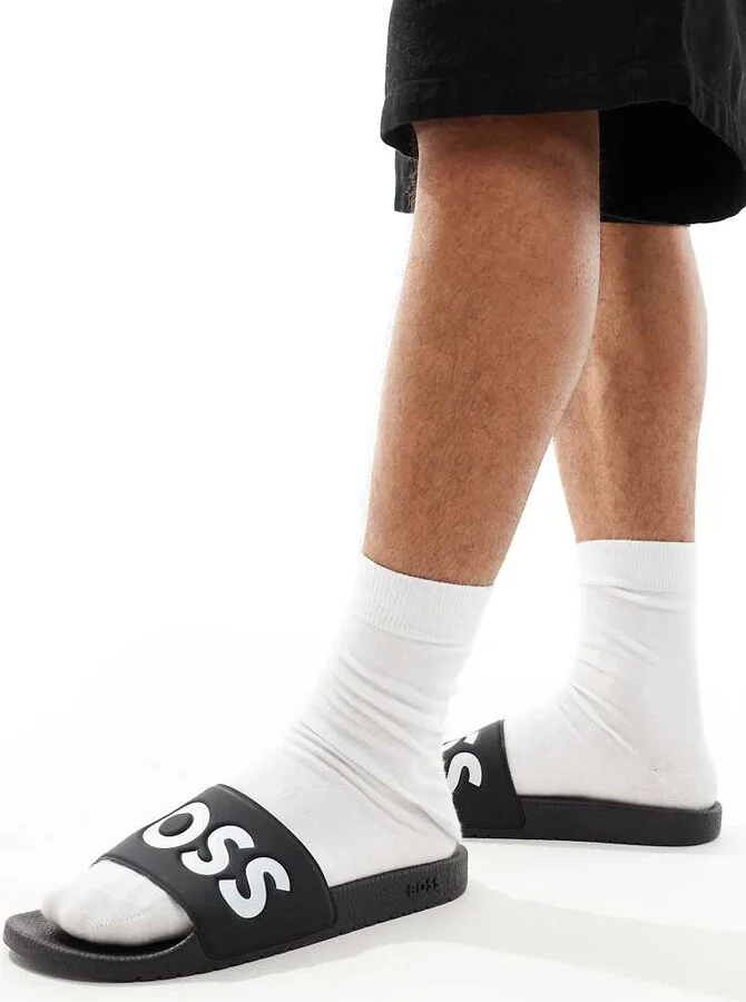 BOSS Aryeh logo pool slides in black/white - Image 2