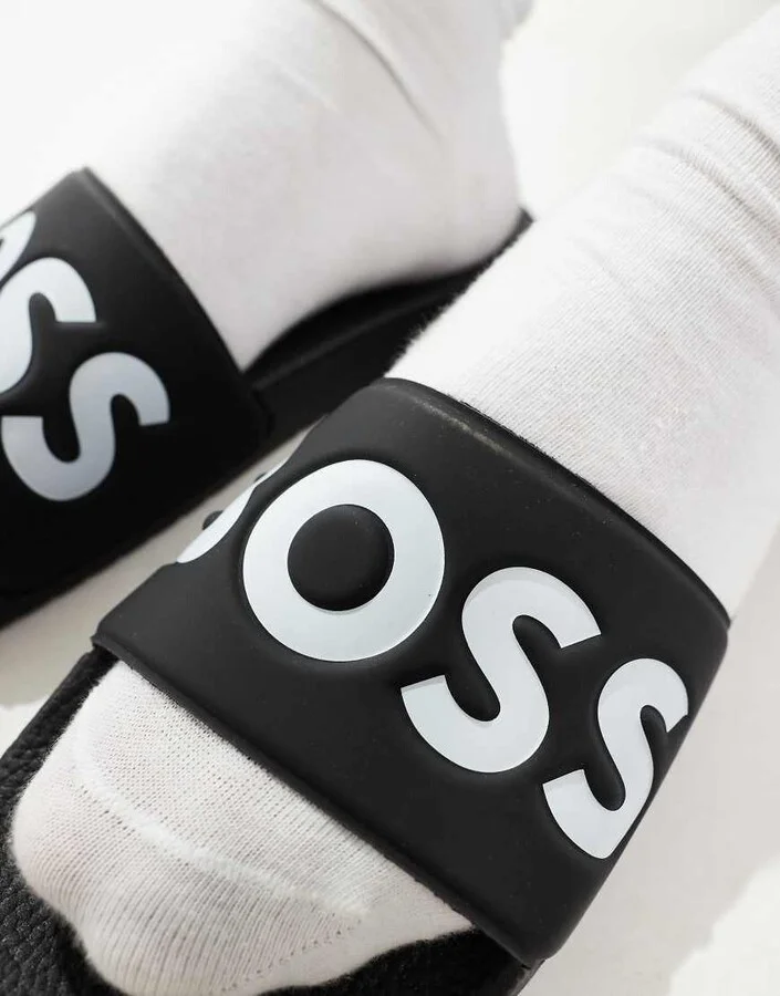 BOSS Aryeh logo pool slides in black/white - Image 3