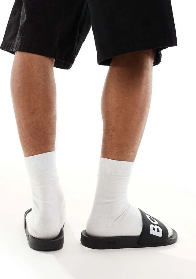 BOSS Aryeh logo pool slides in black/white - Image 4