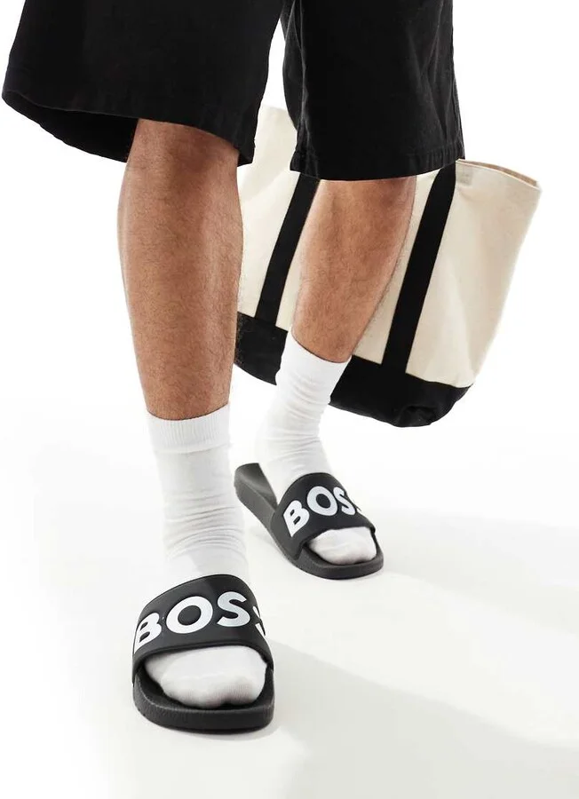 BOSS Aryeh logo pool slides in black/white
