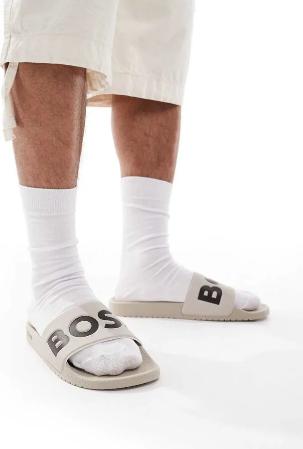 BOSS Aryeh logo pool slides in white/black