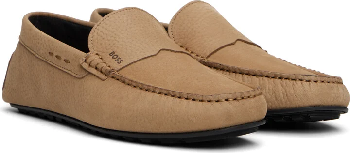 BOSS Beige Logo Embossed Faux-Suede Loafers - Image 4