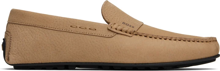 BOSS Beige Logo Embossed Faux-Suede Loafers