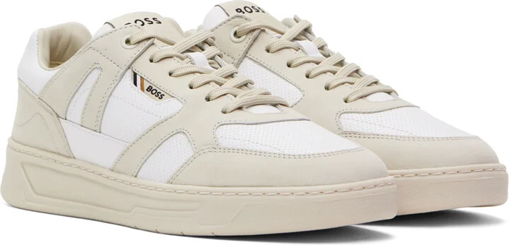BOSS Beige & White Mixed Material Sneakers - Image 4