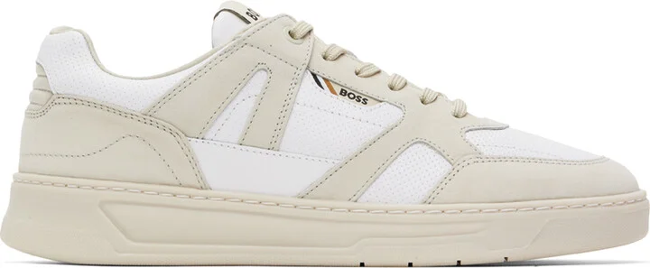 BOSS Beige & White Mixed Material Sneakers