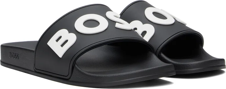 BOSS Black Raised Logo Pool Slides - Image 4
