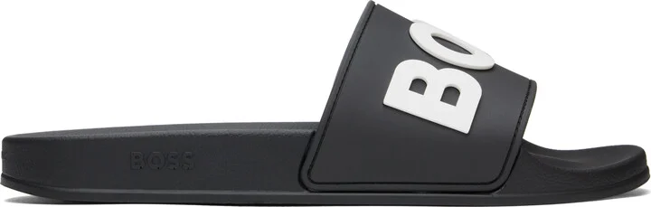 BOSS Black Raised Logo Pool Slides