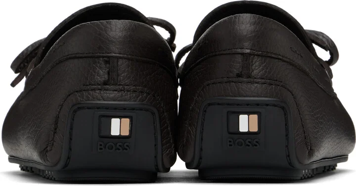 BOSS Brown Grained Leather Driver Sole Loafers - Image 2