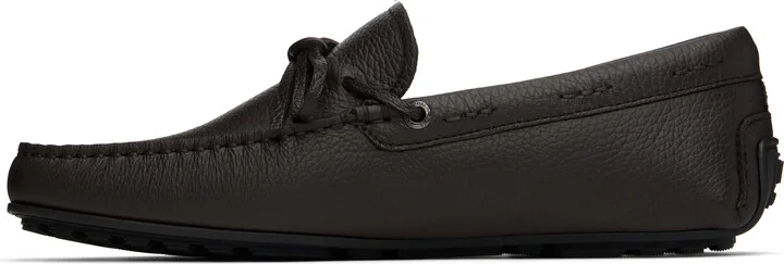 BOSS Brown Grained Leather Driver Sole Loafers - Image 3