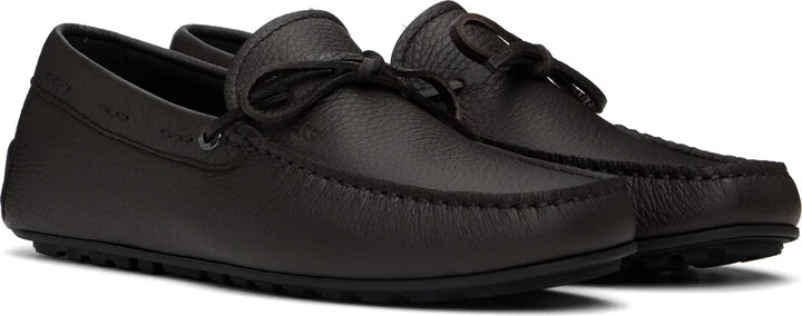 BOSS Brown Grained Leather Driver Sole Loafers - Image 4