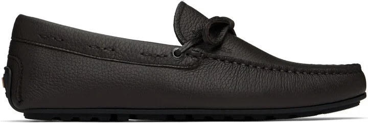 BOSS Brown Grained Leather Driver Sole Loafers