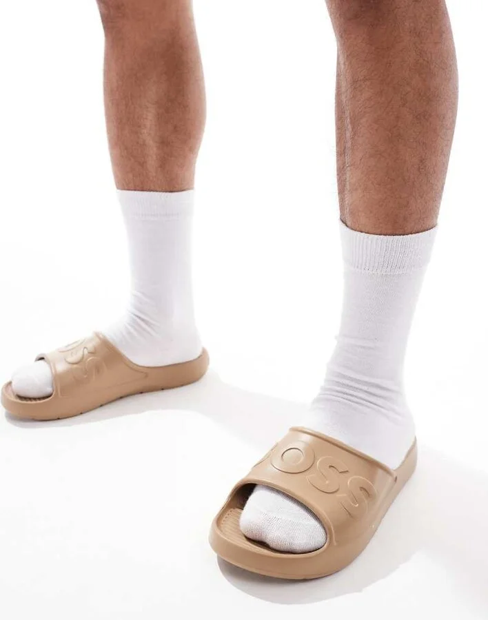 BOSS Dario embossed logo moulded slides in tan