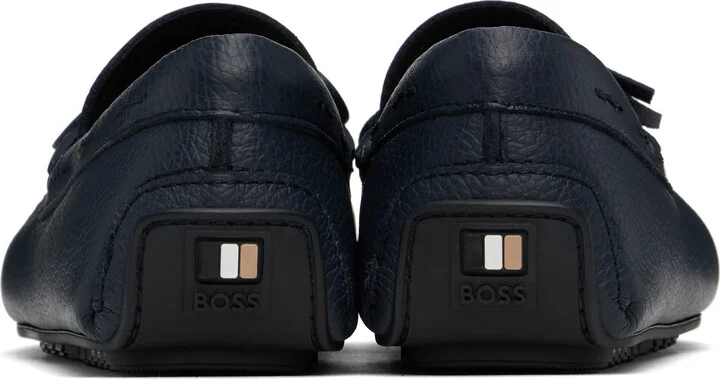 BOSS Navy Grained Leather Driver Sole Loafers - Image 2