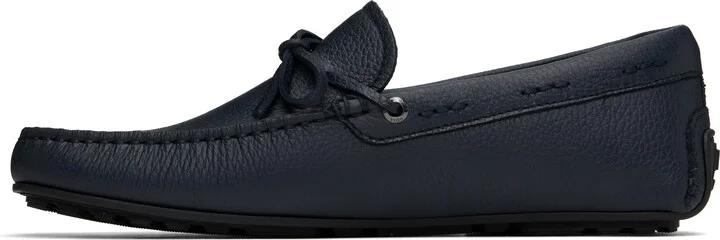 BOSS Navy Grained Leather Driver Sole Loafers - Image 3
