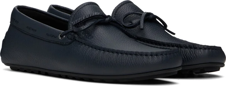 BOSS Navy Grained Leather Driver Sole Loafers - Image 4