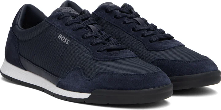 BOSS Navy Mixed-Material Lace-Up Sneakers - Image 4