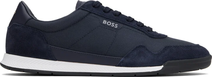 BOSS Navy Mixed-Material Lace-Up Sneakers