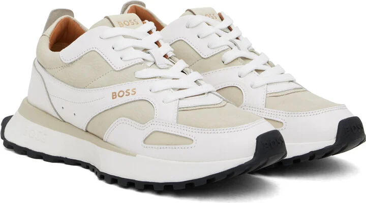 BOSS White & Beige Leather Padded Collar Sneakers - Image 4