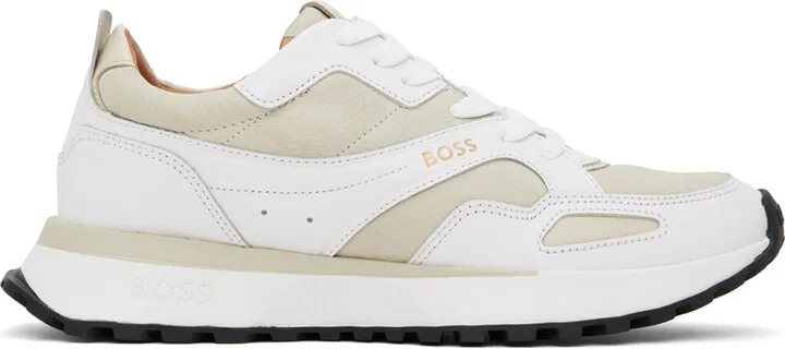 BOSS White & Beige Leather Padded Collar Sneakers